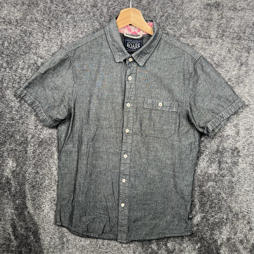 Roark Shirt Men's Medium Gray Short Sleeve Button Up Stretch Cotton Casual